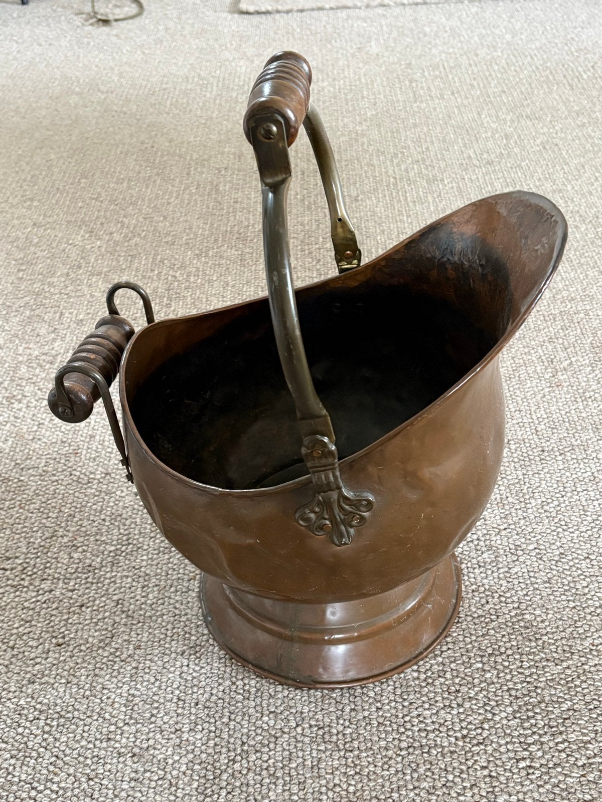 Antieke Koperen Kolenkit met Houten Handvatten, Ophalen, Koper