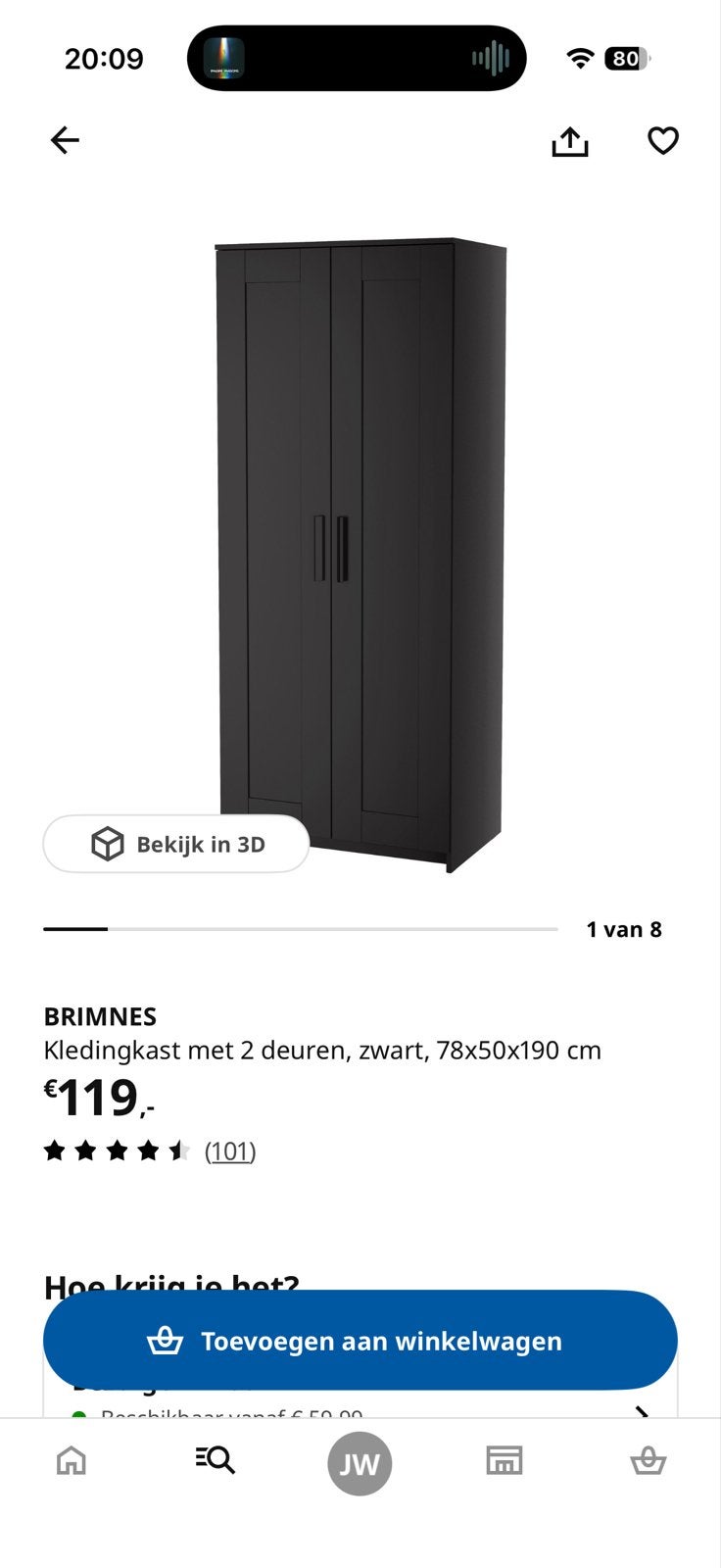 IKEA BRIMNES Kledingkast Zwart - 78x50x190 cm, Ophalen, 50 tot 100 cm, Zo goed als nieuw, 150 tot 200 cm