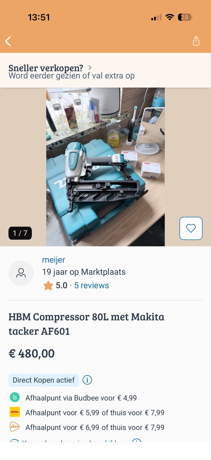 HBM Compressor 80L met Makita tacker AF601, Doe-het-zelf en Verbouw, Zo goed als nieuw, Mobiel, 10 bar of meer, 100 liter of meer