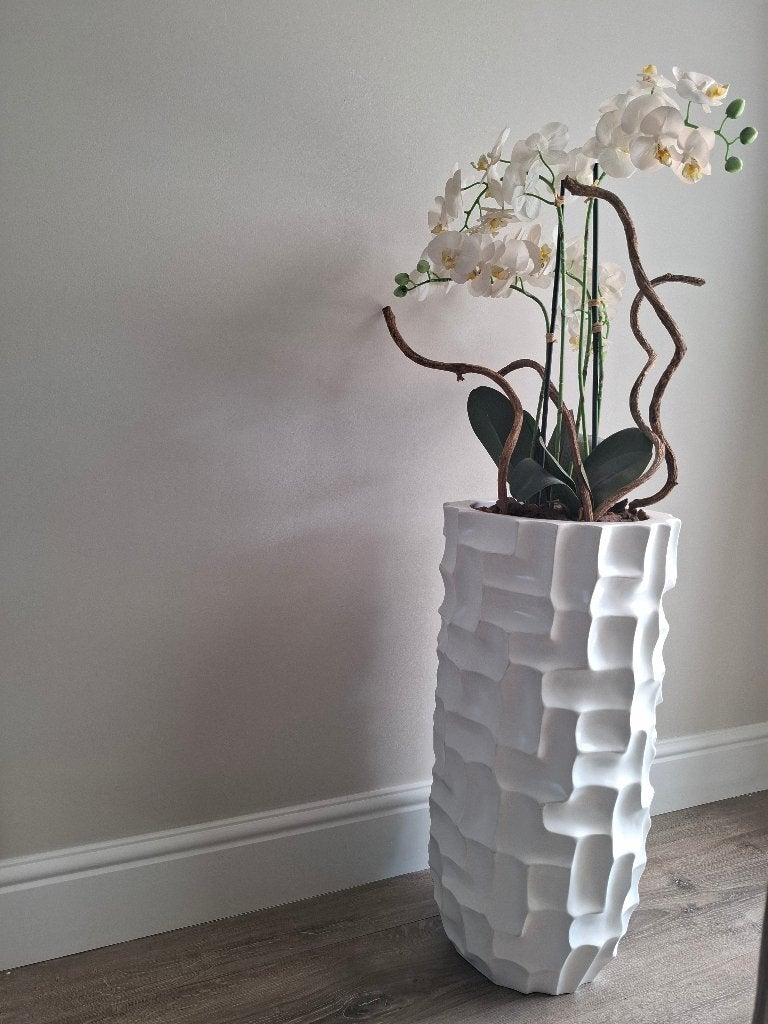 Witte hoge bloempot met orchidee, Overige materialen, Rond, Binnen, Zo goed als nieuw