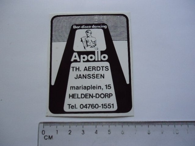 sticker oud Apollo disco dancing Helden dorp Aerds Janssen, Verzenden, Zo goed als nieuw, Bedrijf of Vereniging