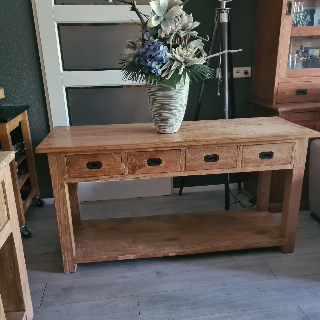 Teakhouten sidetable met lades; 150x50x76, Ophalen, Teakhout, 150 tot 200 cm, Rechthoekig