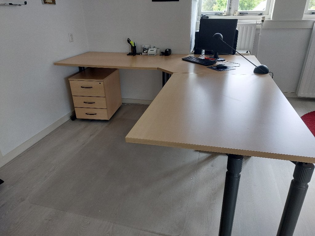 Groot bureau met hoek en ladekastje, beuken, Huis en Inrichting, Bureaus, Ophalen, Demontabel, Gebruikt, Hout