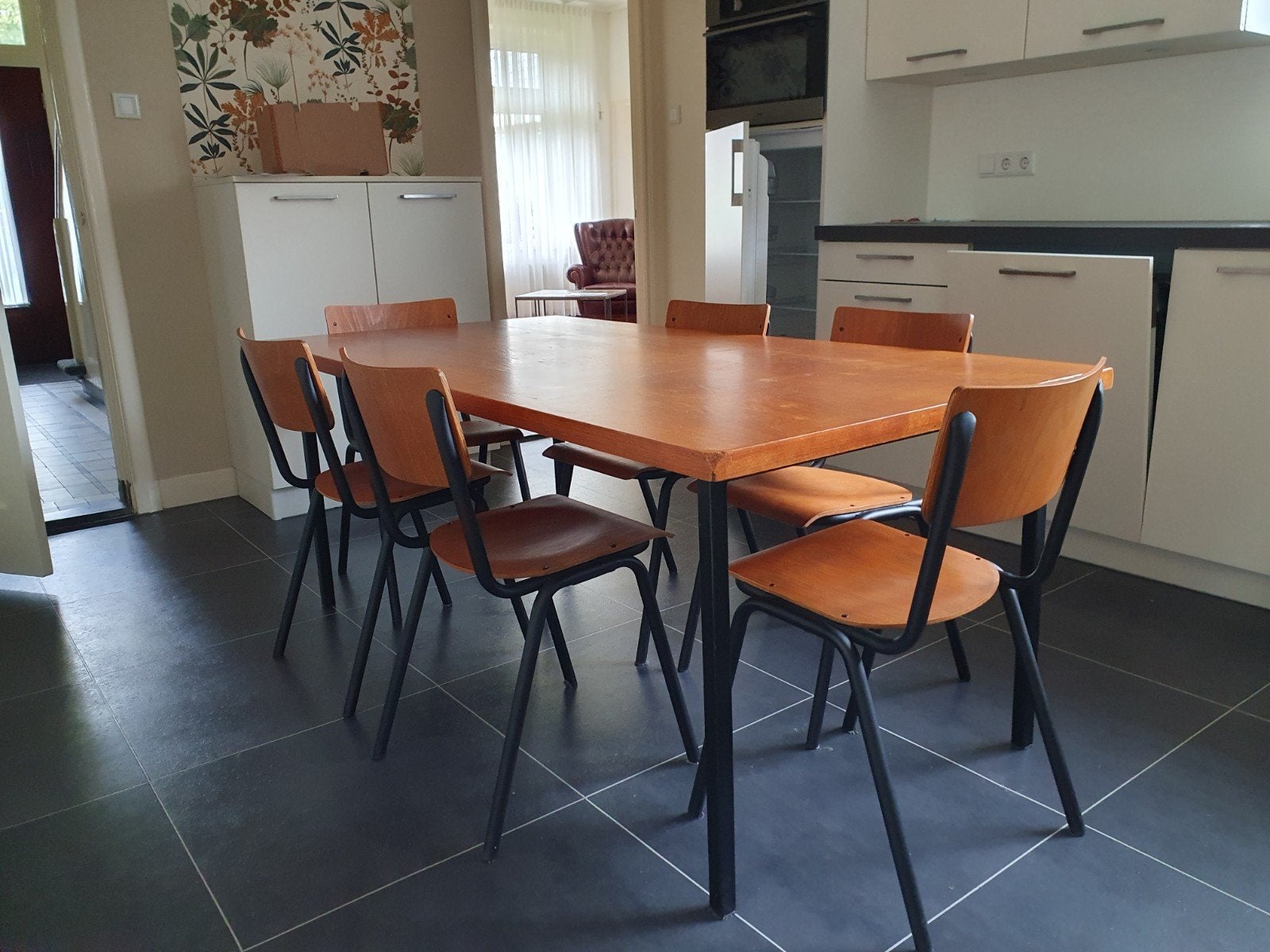 Eethoek met 6 stoelen., Ophalen, Rechthoekig, Metaal, 50 tot 100 cm