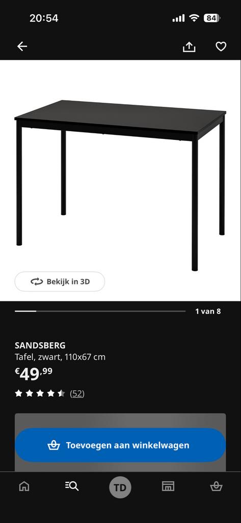 SANDSBERG Tafel, zwart, 110x67 cm, Ophalen, 50 tot 100 cm, 100 tot 150 cm, Tot twee personen