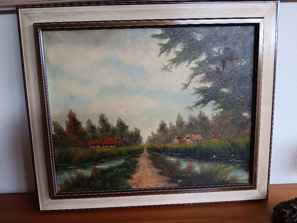 Olieverfschilderij Landschap met boerderijen, H.Marke, Antiek en Kunst, Doek, Realistisch, Ophalen of Verzenden, Gesigneerd