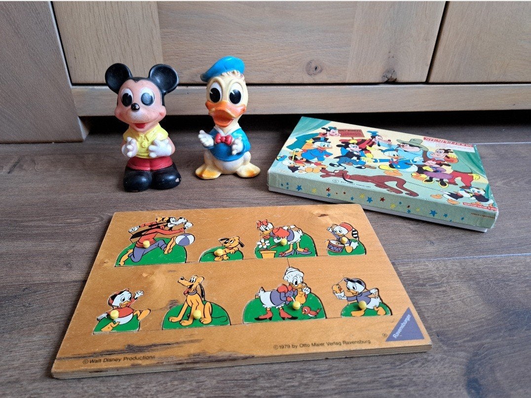 Vintage Disney houten puzzel stempeldoos piepfiguren per st, Ophalen of Verzenden, Mickey Mouse, Gebruikt, Overige typen
