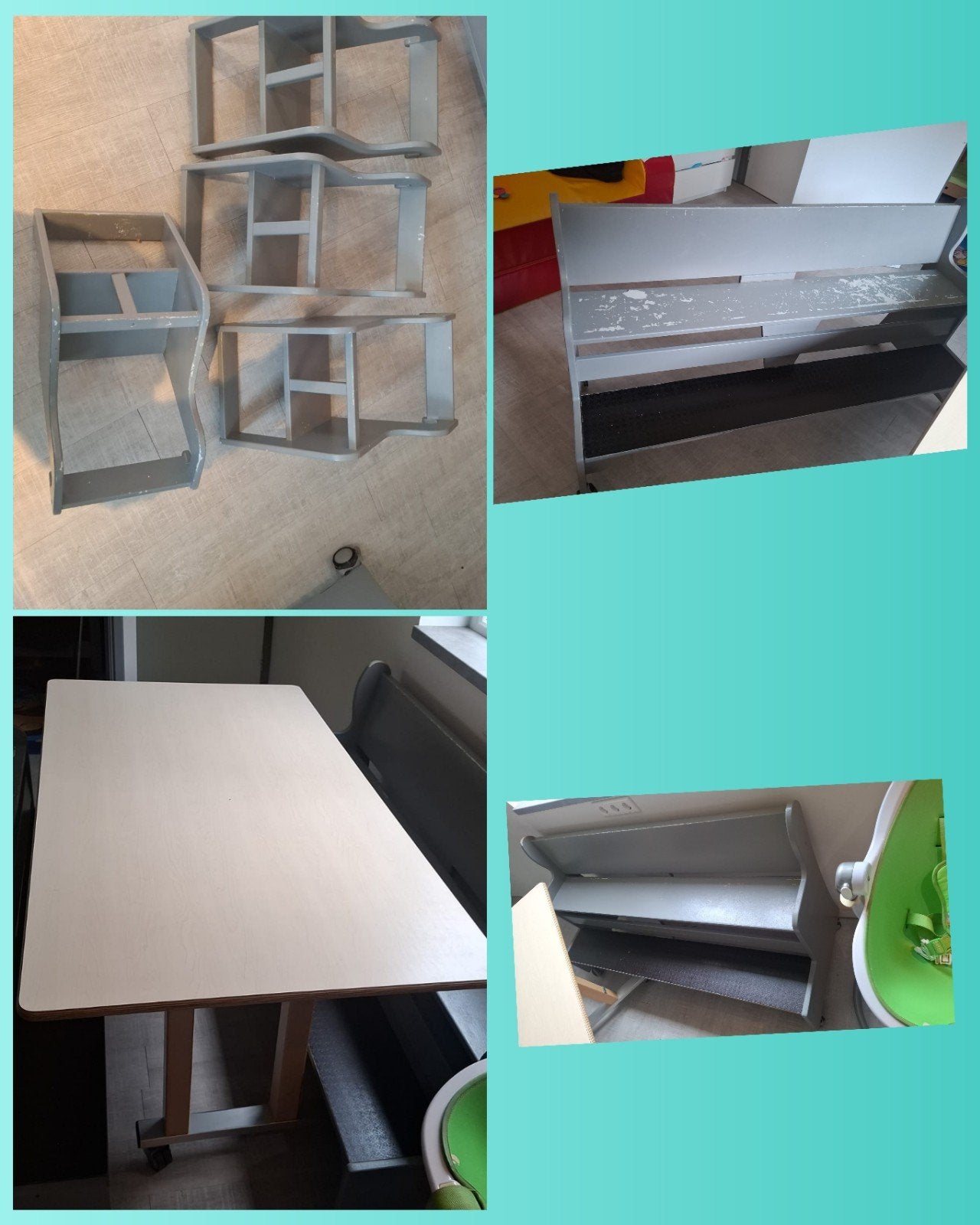 Kdv tafel met 2 banken en peuterzitjes, Ophalen, Gebruikt