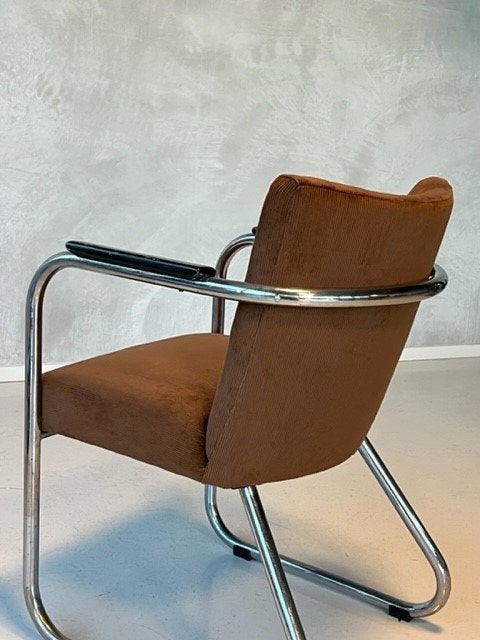 Jaren 30 armstoel vintage sledestoel buisframe bauhaus stoel, Ophalen, Gebruikt, Bruin, .