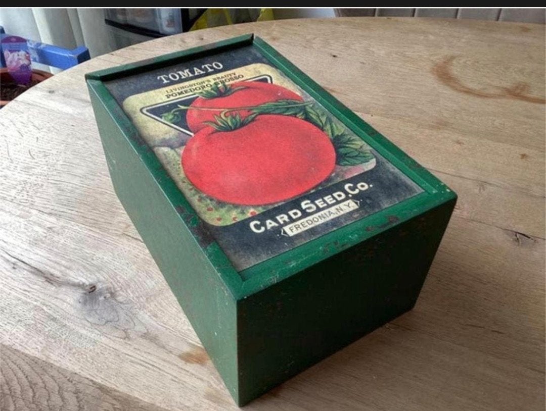 Brocant houten schuifdoos – tomatenmotief / zaadkistje stijl, Ophalen of Verzenden