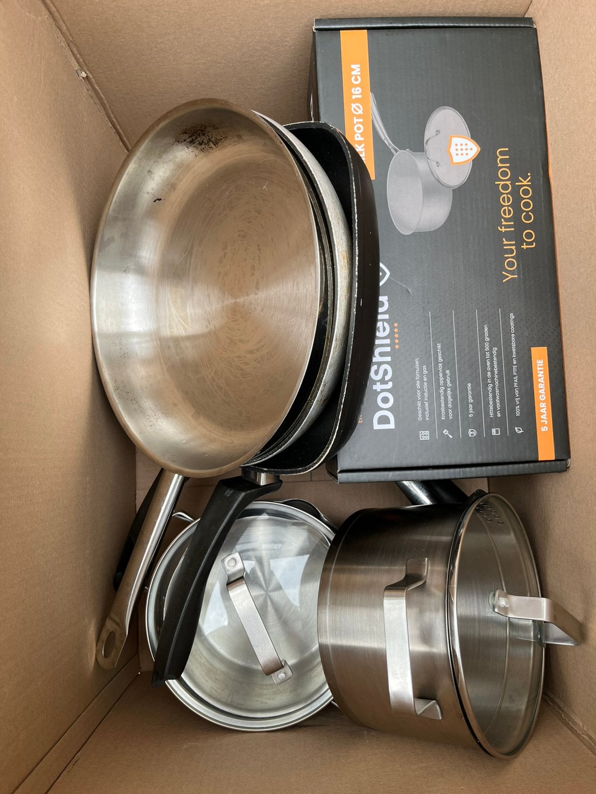 Diverse pannen te koop, Ophalen, Gebruikt, Rvs, Pannenset