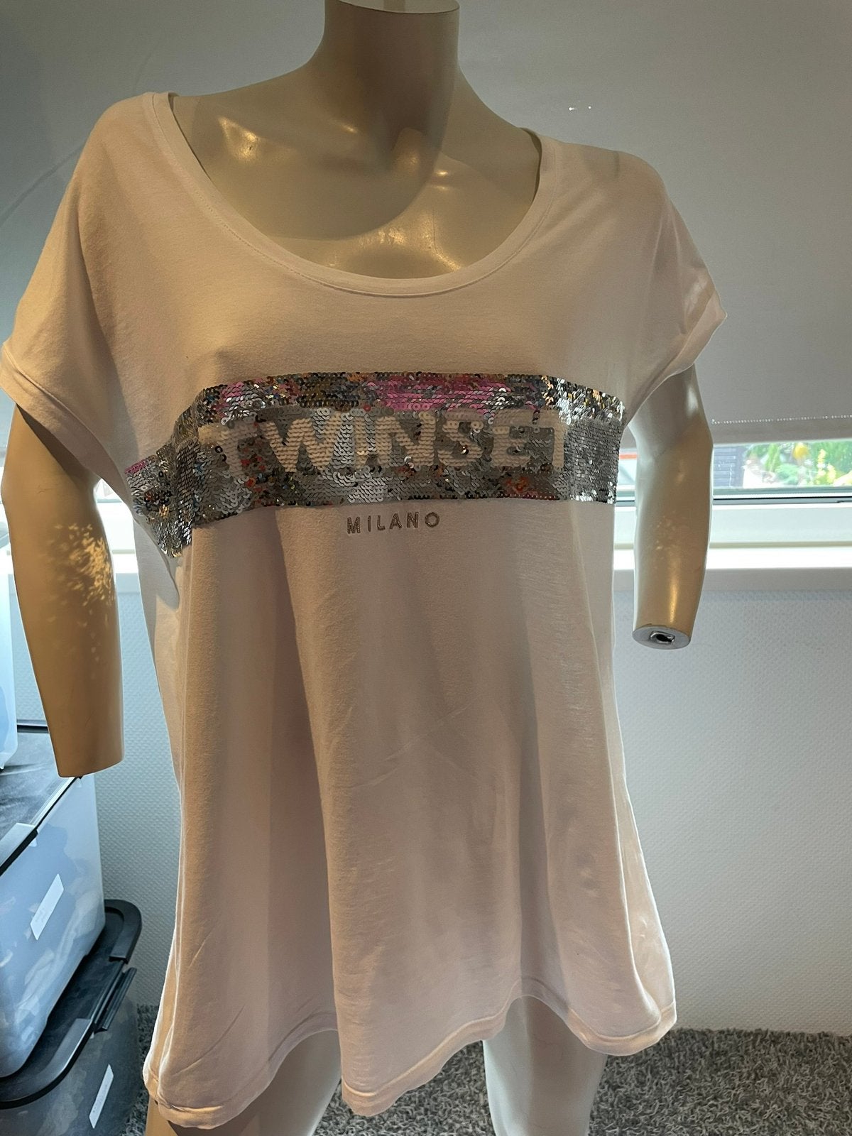 Twinset shirt met paiettten maat l, ., Wit, Maat 42/44 (L), Ophalen of Verzenden
