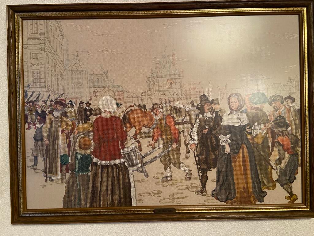 Borduurwerk 'De Dam 1665' in lijst - 68 x 48 cm, Ophalen of Verzenden