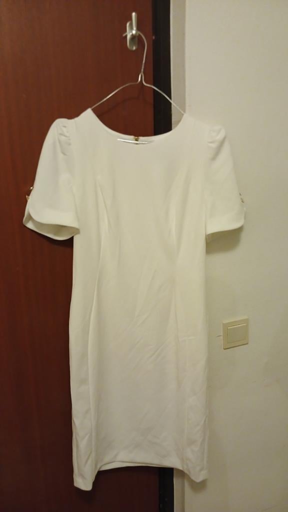 DKNY Witte Jurk met Pofmouwtjes en Gouden Details, Kleding | Dames, Jurken, Maat 38/40 (M), Wit, DKNY, Nieuw