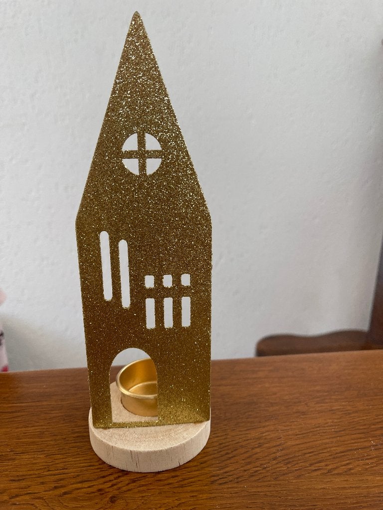 Waxinelichthouder  "Huis"  Kleur: Goud  Nieuw, Ophalen of Verzenden, Nieuw, Goud, Kaars