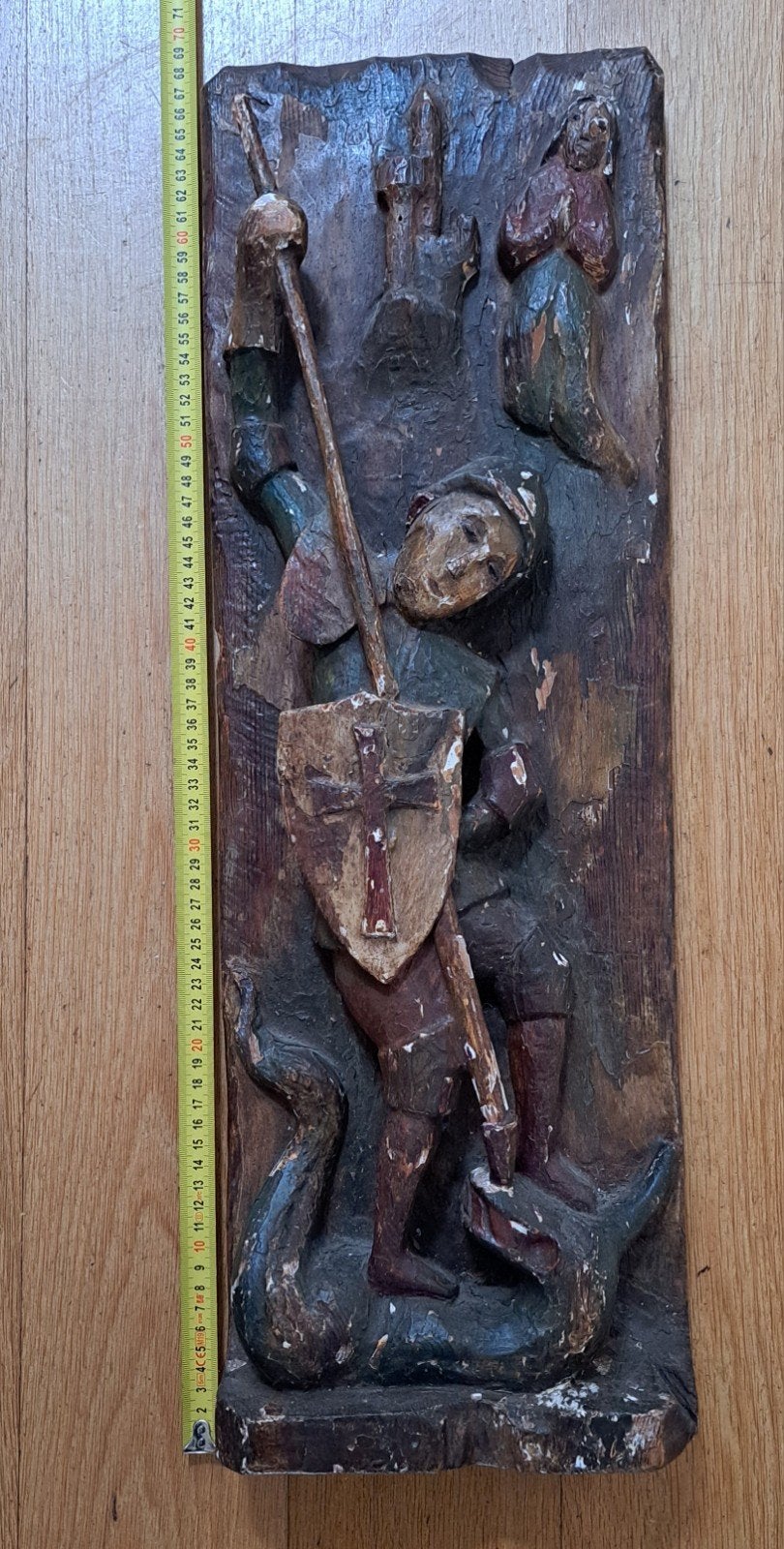 Antiek Houten Wandreliëf: Sint-Joris en de Draak (1650-1750), Antiek en Kunst, Ophalen of Verzenden