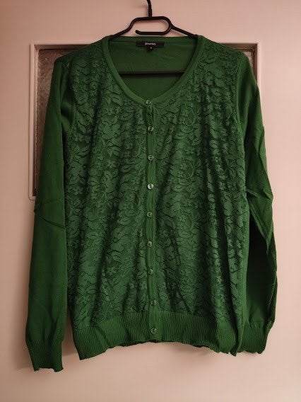 Promiss dames cardigan vest groen met kanten bloemen motief, Maat 38/40 (M), Promiss, Ophalen of Verzenden, Zo goed als nieuw