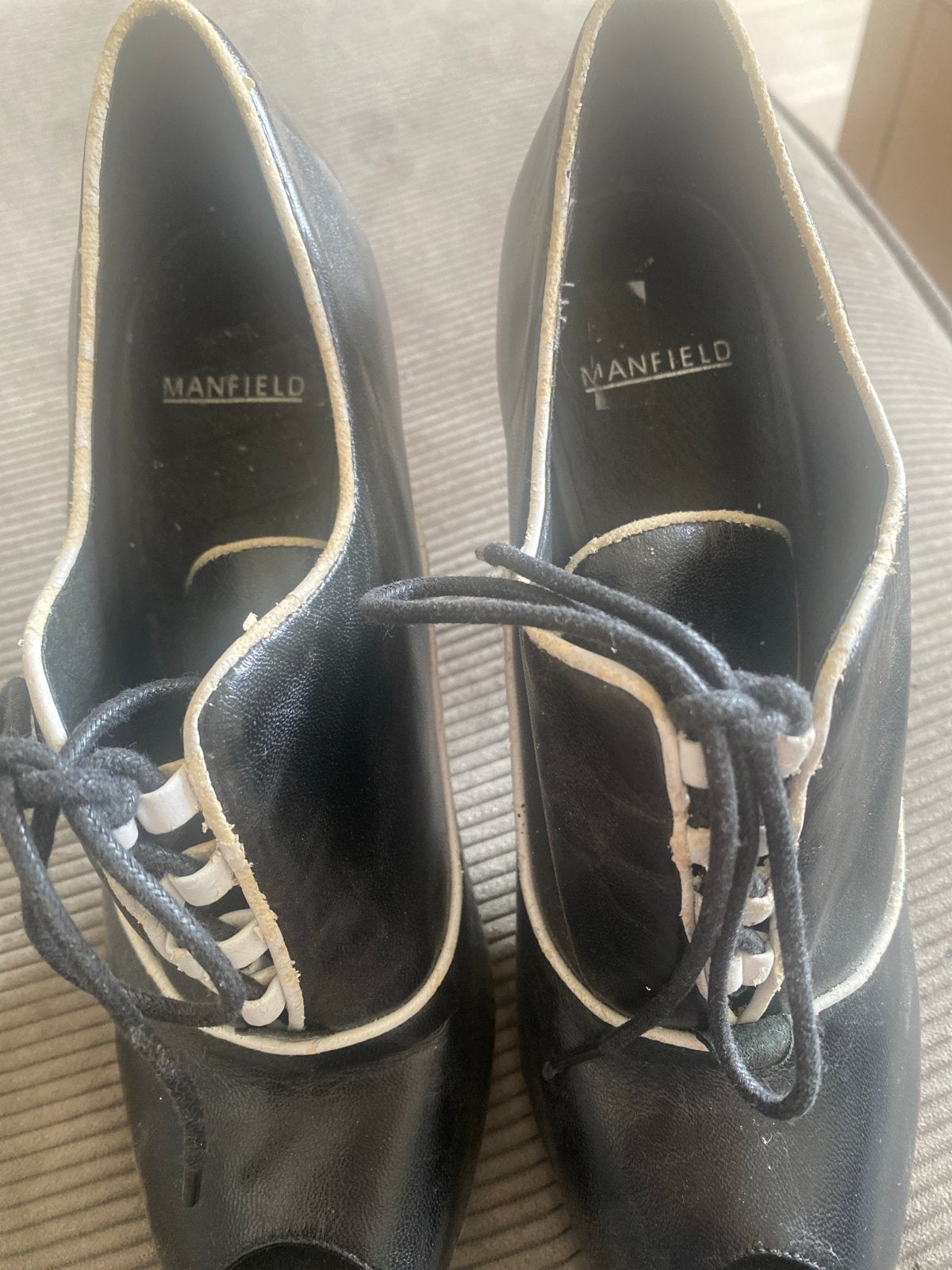 Manfield Zwart-witte Peep-toe Veterschoenen, Ophalen of Verzenden, Gedragen, Zwart, Schoenen met hoge hakken