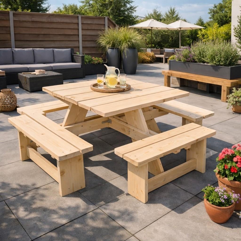 vierkante picknicktafel van steigerhout - Handgemaakt, Tuin en Terras, Picknicktafels, Ophalen of Verzenden, Nieuw, Vierkant, Hout