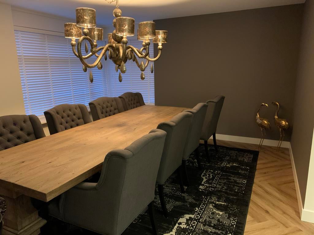 Eethoek kloostertafel 300x100 cm met 6 of 8 stoelen, Ophalen, Gebruikt, 100 tot 150 cm, 200 cm of meer