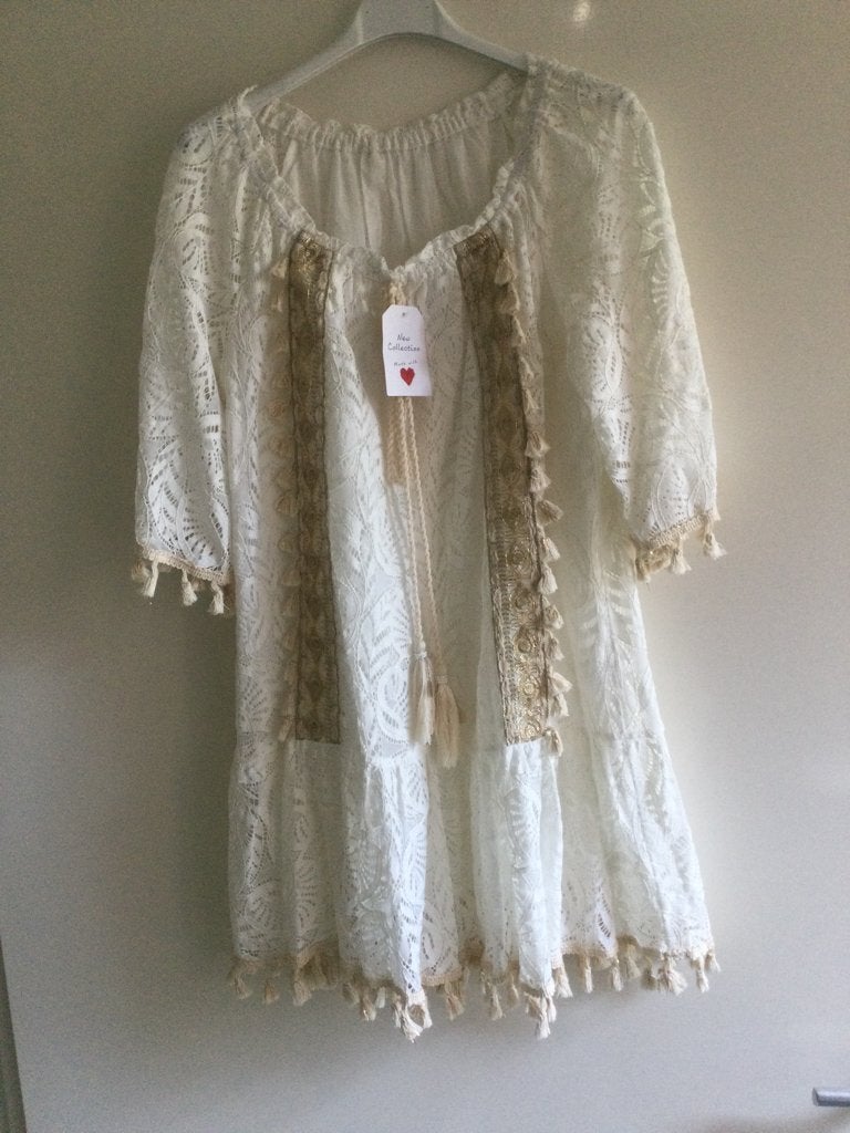 Damesjurk Ibizastijl  (tuniek) maat S/M, Maat 38/40 (M), Beige, Nieuw, Ophalen of Verzenden