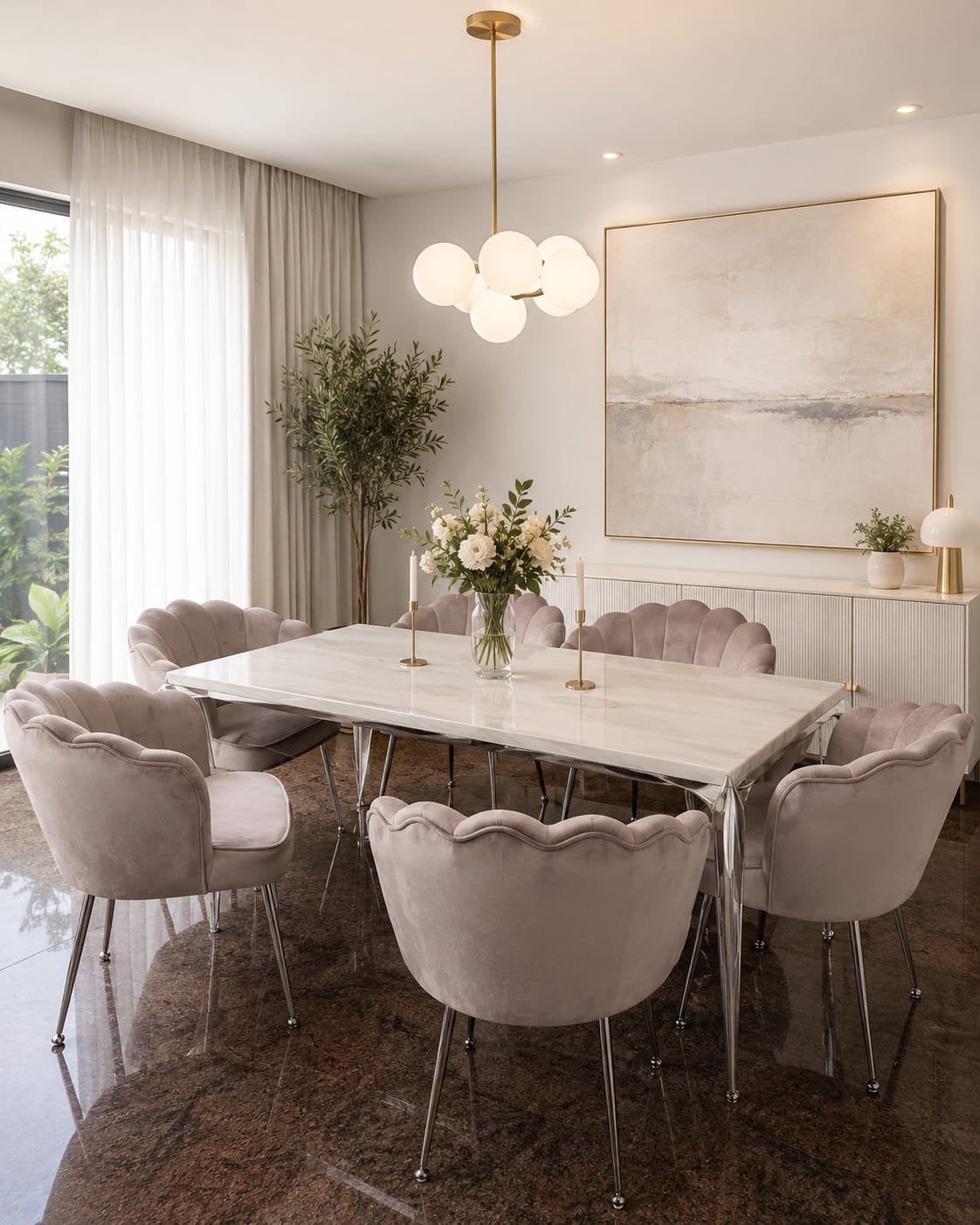 Luxe Eetkamerset: Marmeren Tafel met 6 Roze Fluweel Stoelen, Ophalen, Overige kleuren, Zo goed als nieuw, Stof