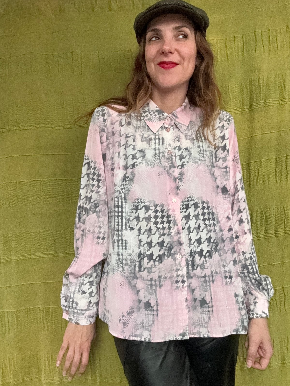 Vintage blouse - print - roze. / grijs - 42 / XL, Hgv, Hgv, Ophalen of Verzenden, Roze