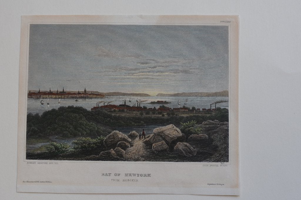 NEW YORK BAY Staalgravure USA HOBOKEN VS 1850 AMERIKA GB6, Antiek en Kunst, 1800 - 1899, Verzenden, Stadsgezicht, Gravure