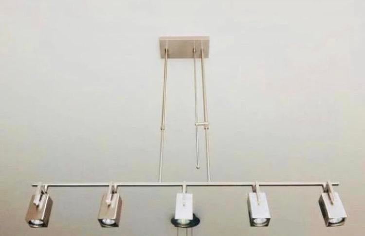 RVS Aluminium Lamp met 5 Halogeen spots, Huis en Inrichting, Lampen | Hanglampen, Ophalen of Verzenden, Gebruikt, Metaal, Tijdloos