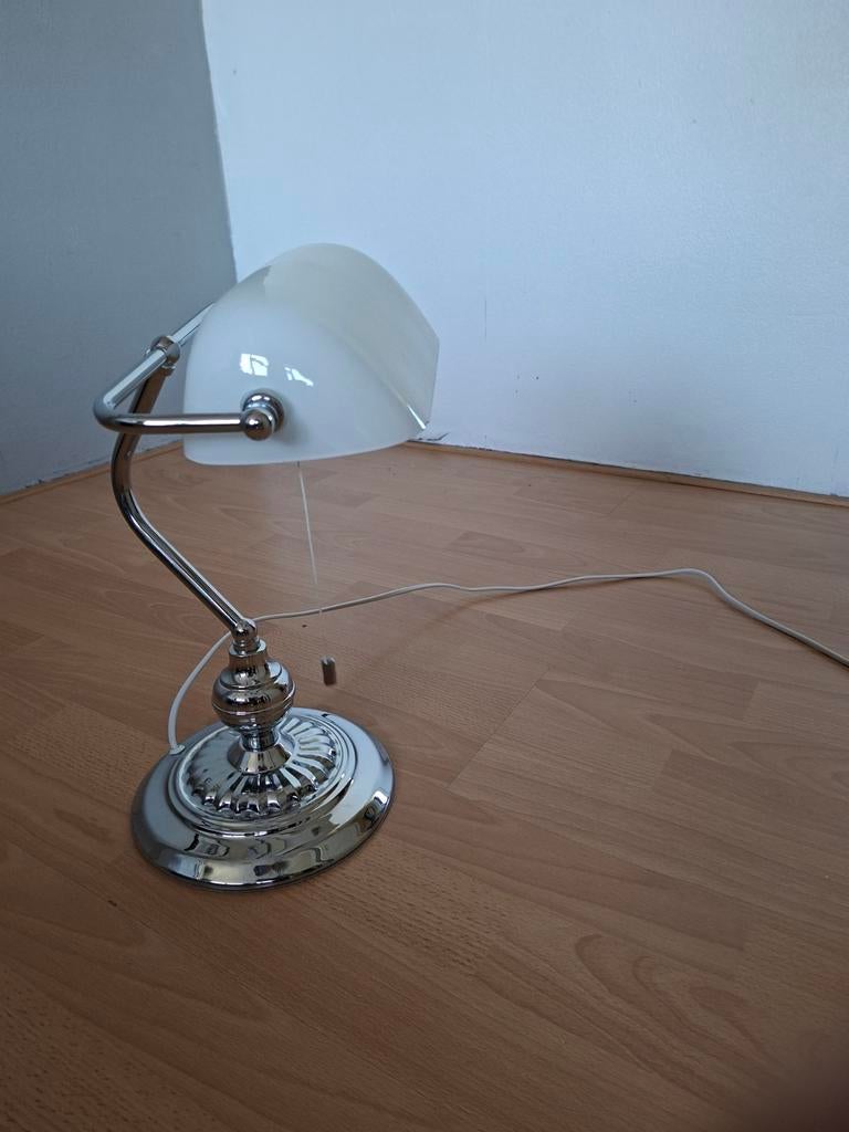 Bankierslamp / Bureaulamp Chroom met Witte Kap, Ophalen, Klassiek, Bankierslamp, Gebruikt, Glas