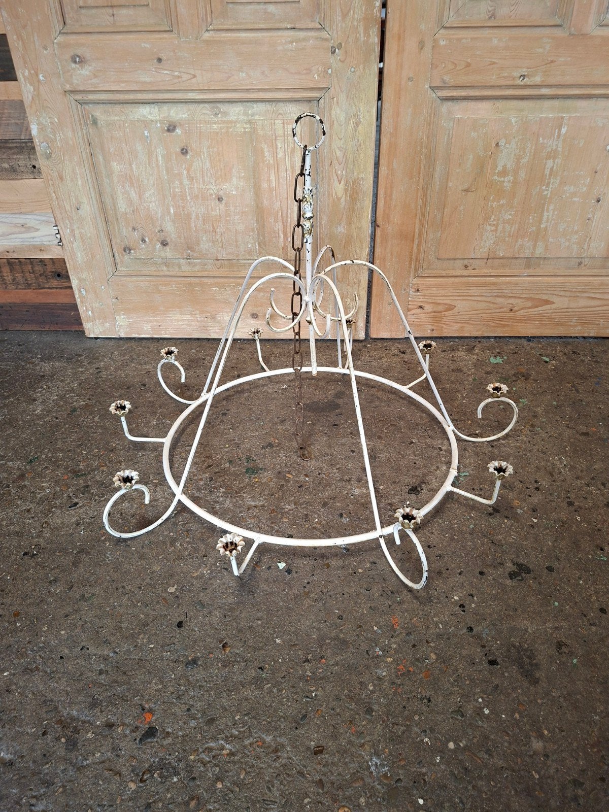 Metalen brocante kroonluchter, diameter 90 cm, hoogte 70 cm, Huis en Inrichting, Lampen | Kroonluchters, Ophalen, Gebruikt, Metaal