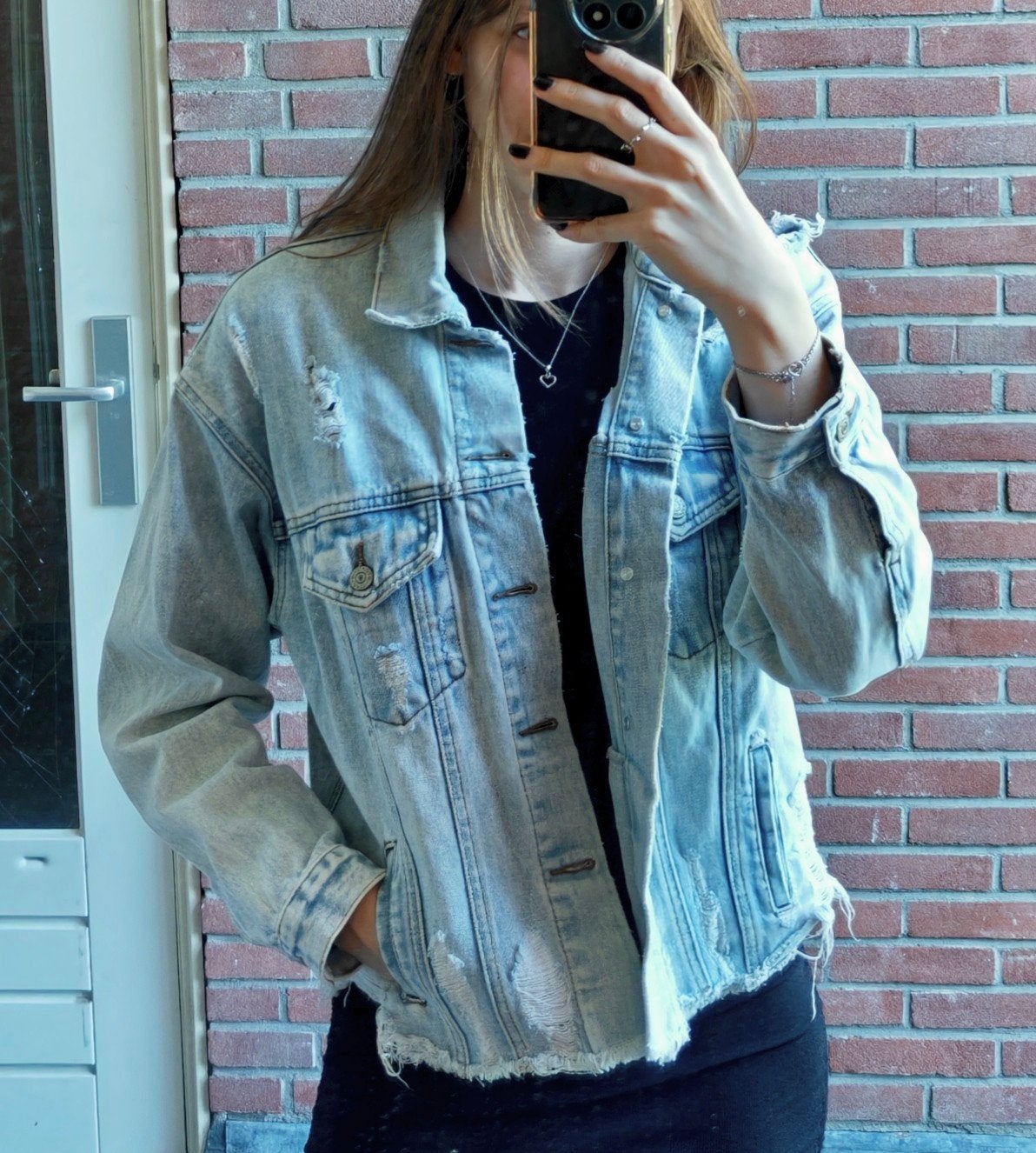 Ripped denim jacket maat 34 (XS) - als nieuw!, Blauw, Ophalen of Verzenden, Zo goed als nieuw, Maat 34 (XS) of kleiner