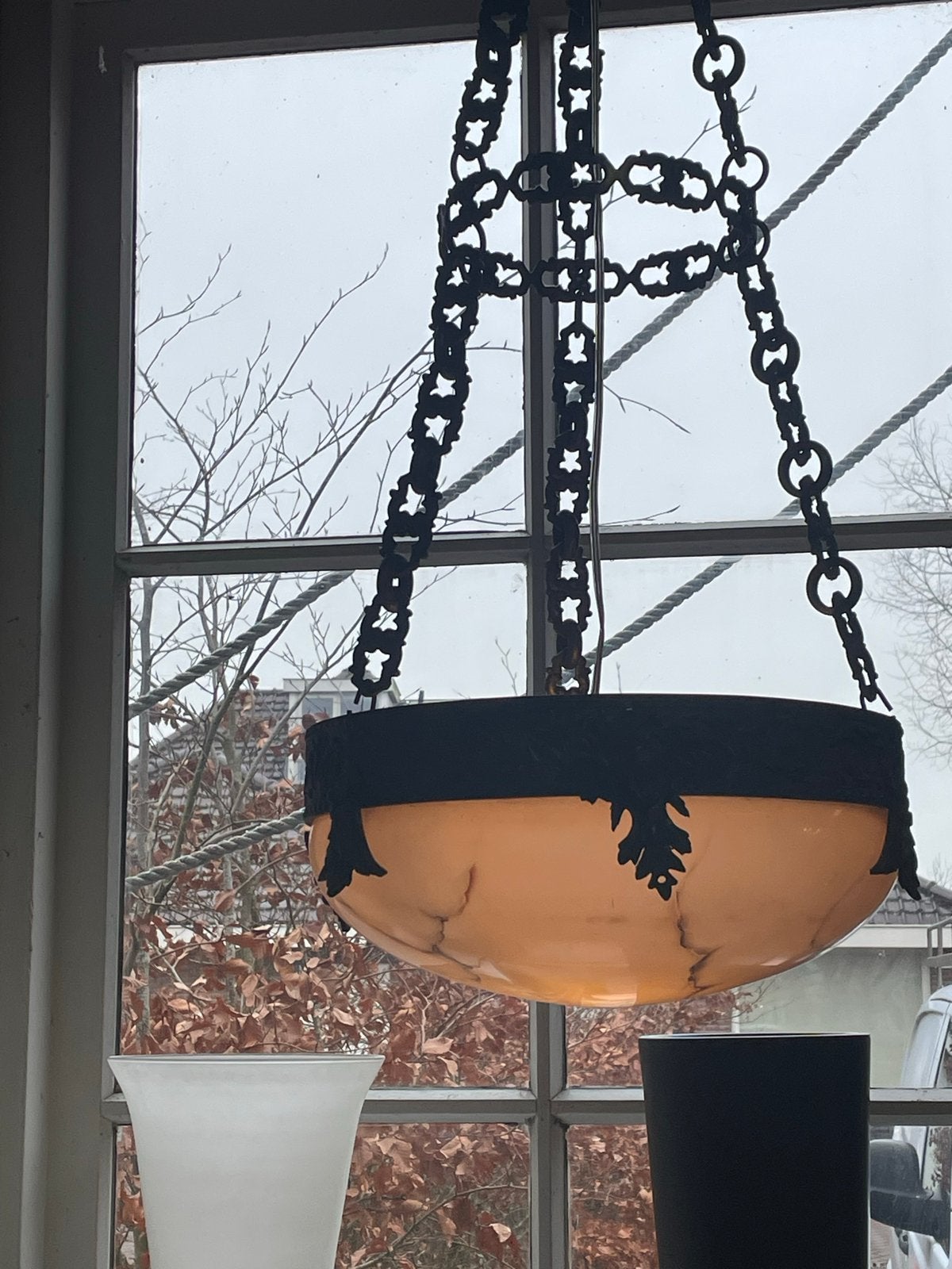 Prachtige Jugendstil hanglamp met engeltjes en druiventrosje, Antiek en Kunst, Ophalen