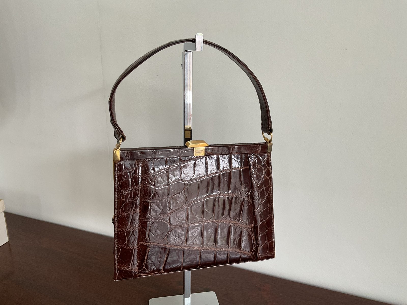 Luxe Vintage Krokodillenleren Handtas met Pigskin Voering, Ophalen of Verzenden, Gebruikt, Bruin, Handtas