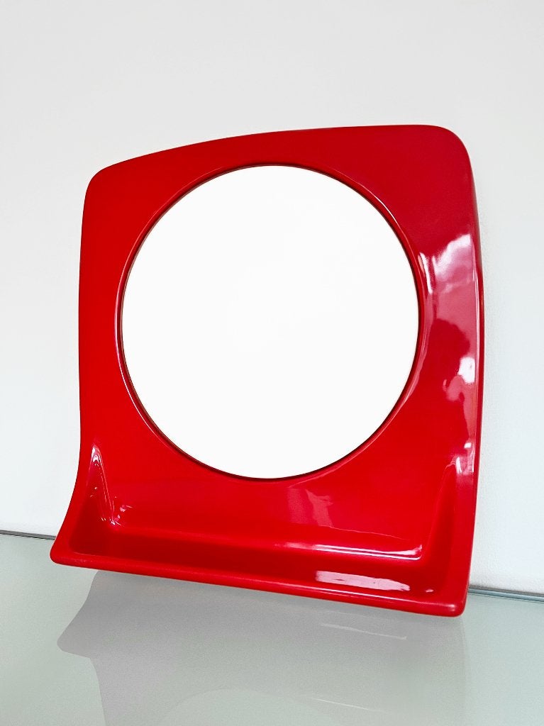 Vintage Italiaanse rode Space Age 70s wandspiegel, Huis en Inrichting, Woonaccessoires | Spiegels, Ophalen, Minder dan 50 cm, Gebruikt