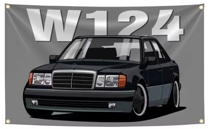 M BENZ W124 BANNER 60x90 CM ZELDZAAM MET BEVESTIGGINGS OGEN, Ophalen of Verzenden, Nieuw