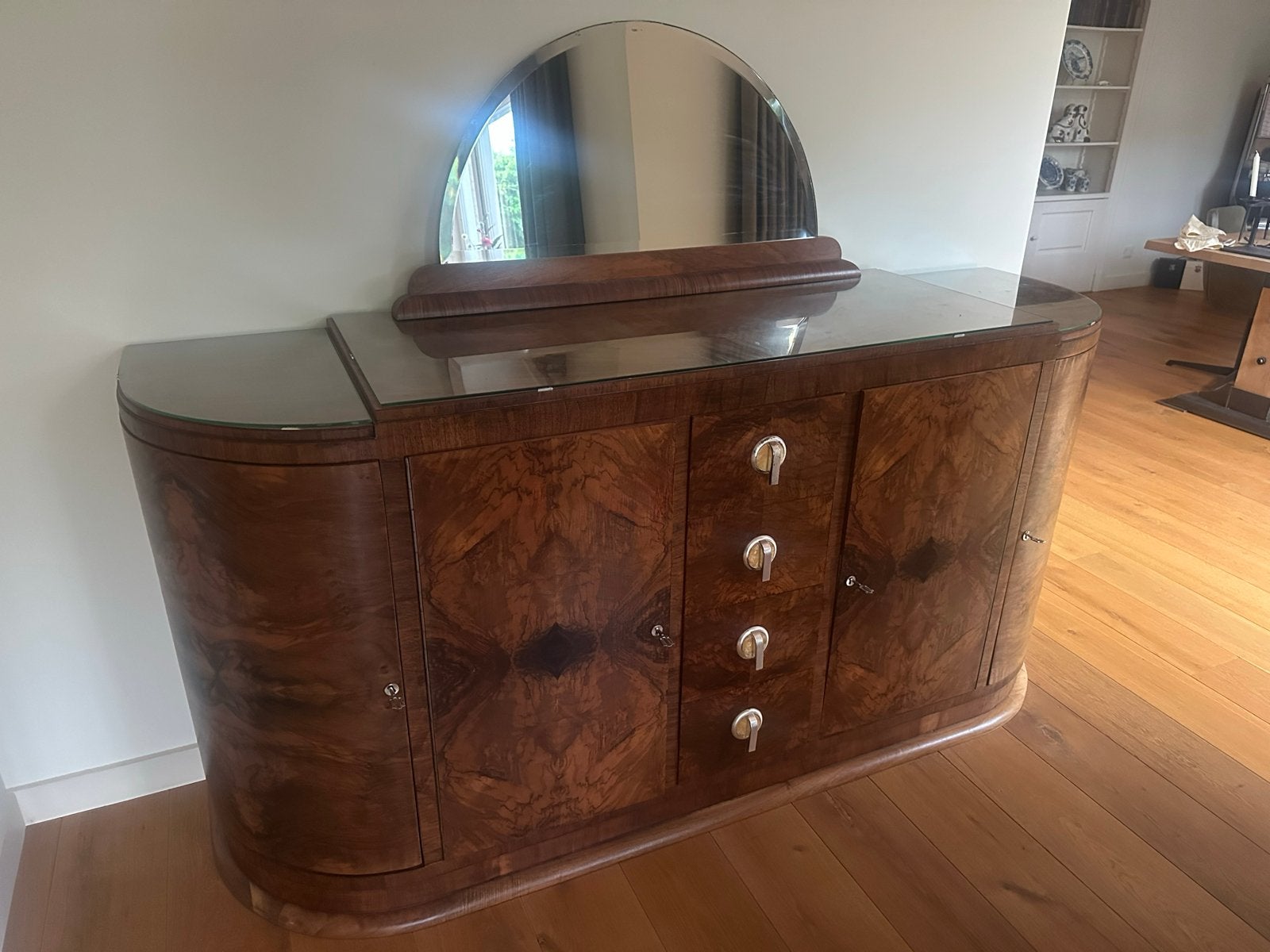 Art Deco dressoir met spiegel - Wortelnoten fineer, Ophalen
