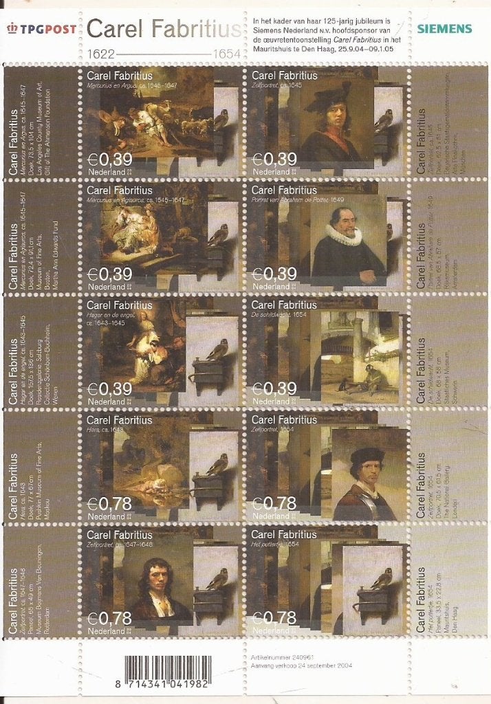 Postzegelvel  2004 Carel Fabritius 10 x €  0,39, Ophalen of Verzenden, Na 1940, Postfris