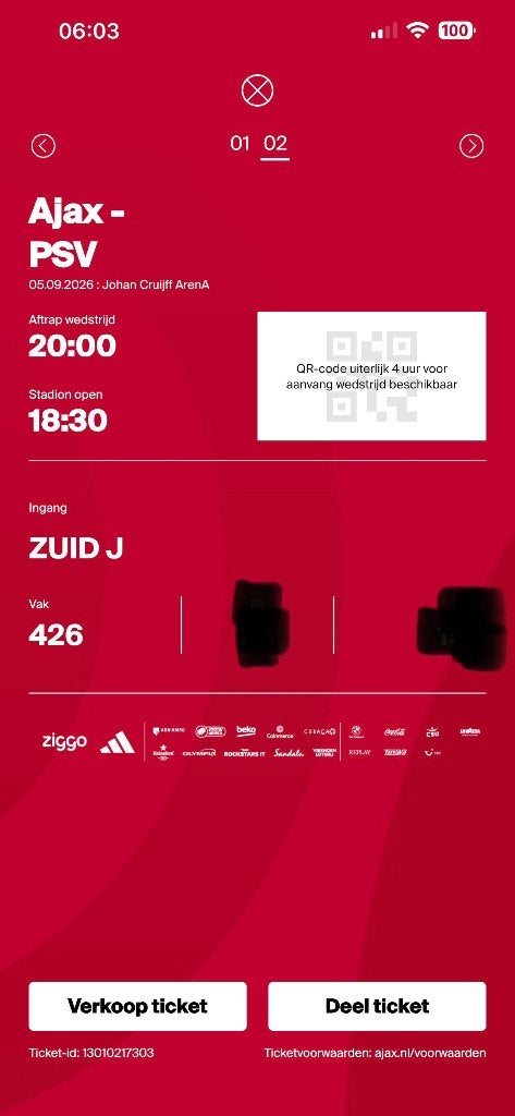 Ajax - PSV, Losse kaart, Eén persoon, September