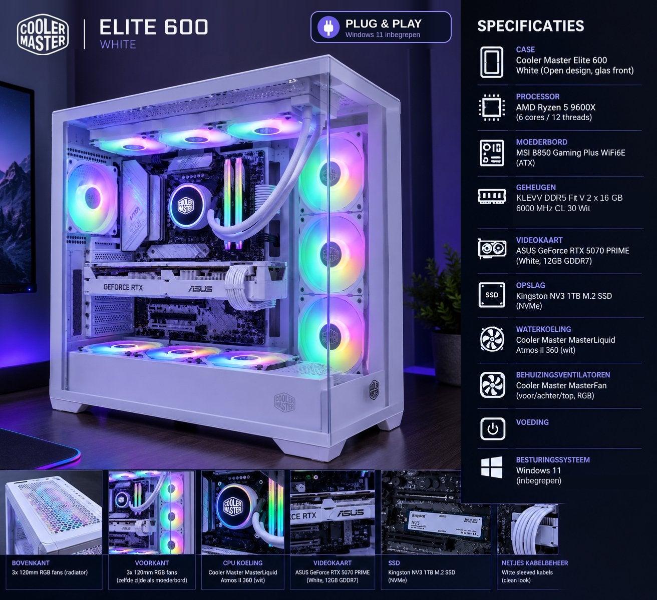Witte gaming pc – Ryzen 5 9600X | RTX 5070 | 32GB DDR5, 32 GB, Nieuw, Ophalen of Verzenden, Gaming