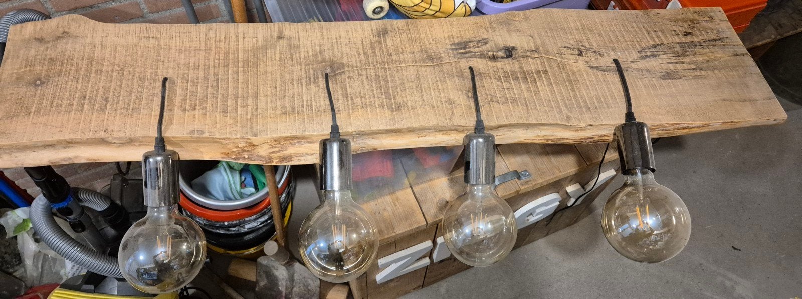 Unieke houten hanglamp van boomstam met kettingen, Ophalen, Gebruikt, Landelijk, Industrieel, Rustiek, E27 (groot)
