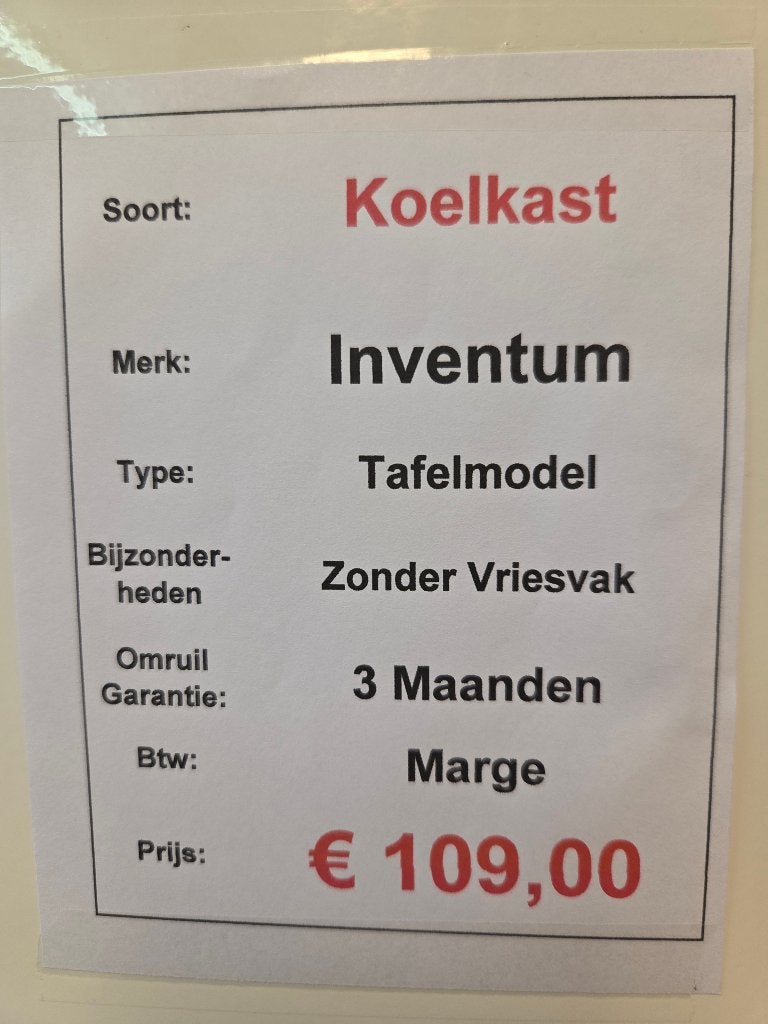 koelkast - Inventum - tafelmodel, Witgoed en Apparatuur, Koelkasten en IJskasten, Ophalen, Minder dan 85 cm, Webshop@inventum.eu