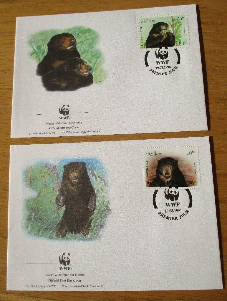 Laos, WWF serie FDC's Maleise beer, 1994, Ophalen of Verzenden, Gestempeld, Dier of Natuur