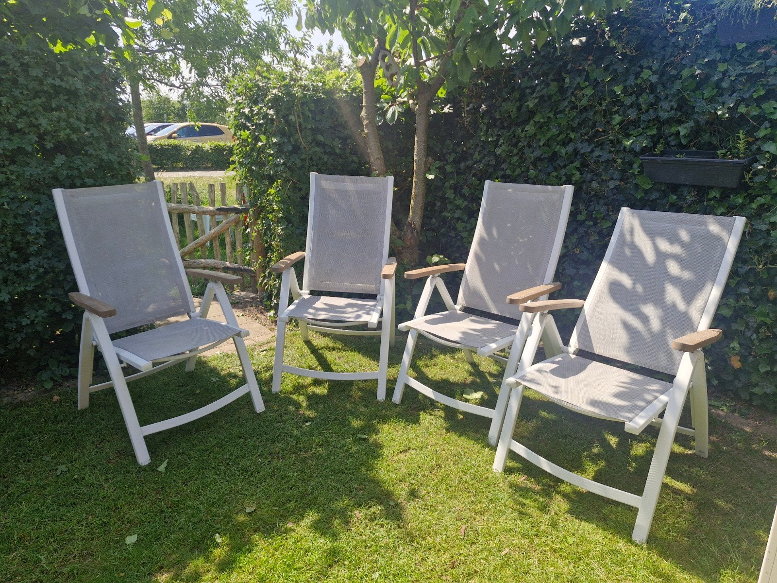 4 witte verstelbare tuinstoelen Jutlandia Jysk, Ophalen, Gebruikt, Aluminium, Verstelbaar