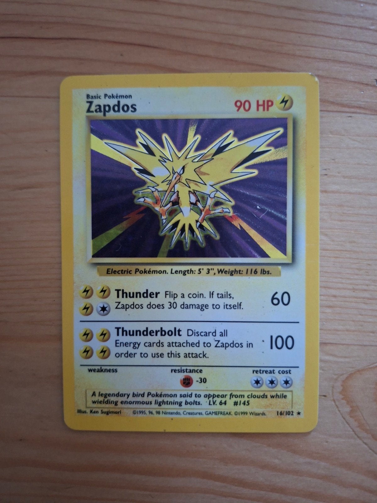 Zapdos Holo 16/102 - Vintage Base Set (1999) - Near Mint!, Ophalen of Verzenden, Zo goed als nieuw, Losse kaart, Foil