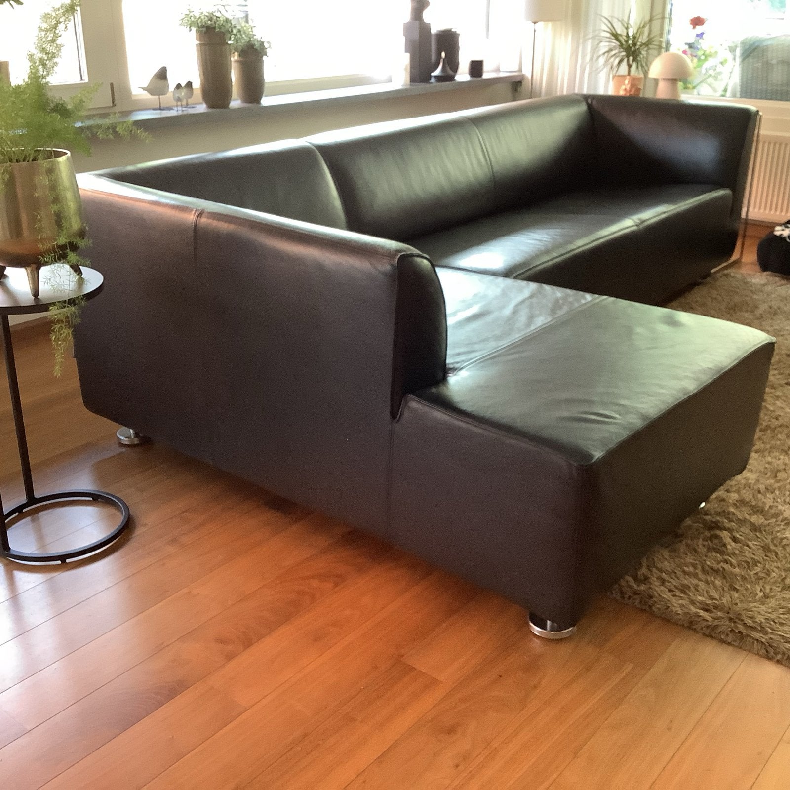 Zwarte Leren Hoekbank met Longchair, Huis en Inrichting, Ophalen, Gebruikt, Leer