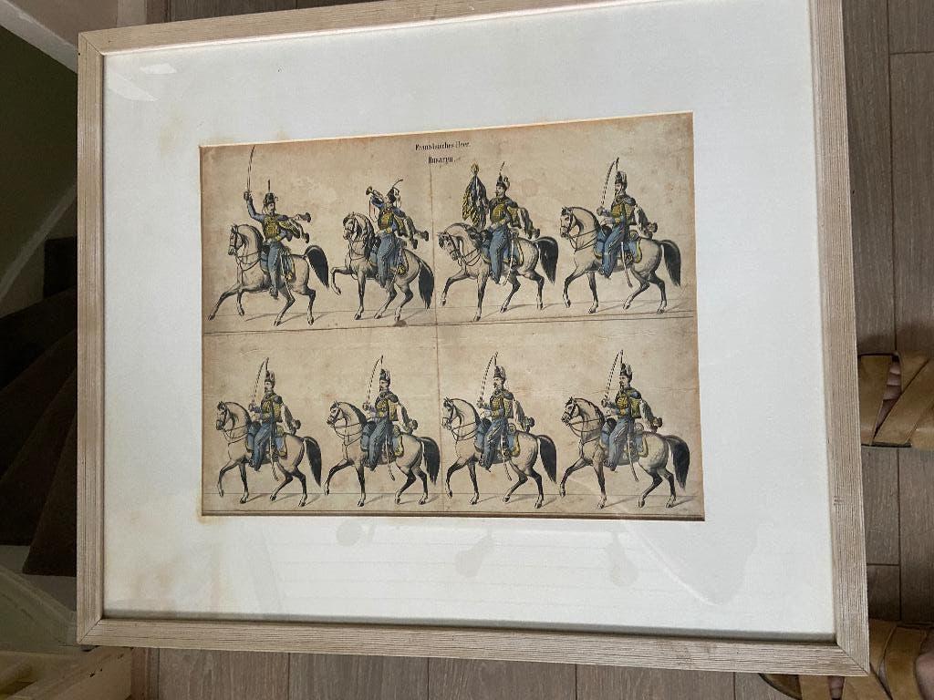 Französiches heer husaren.  ingelijste lithografure., Ophalen of Verzenden, Landmacht, Overige gebieden, Foto of Poster