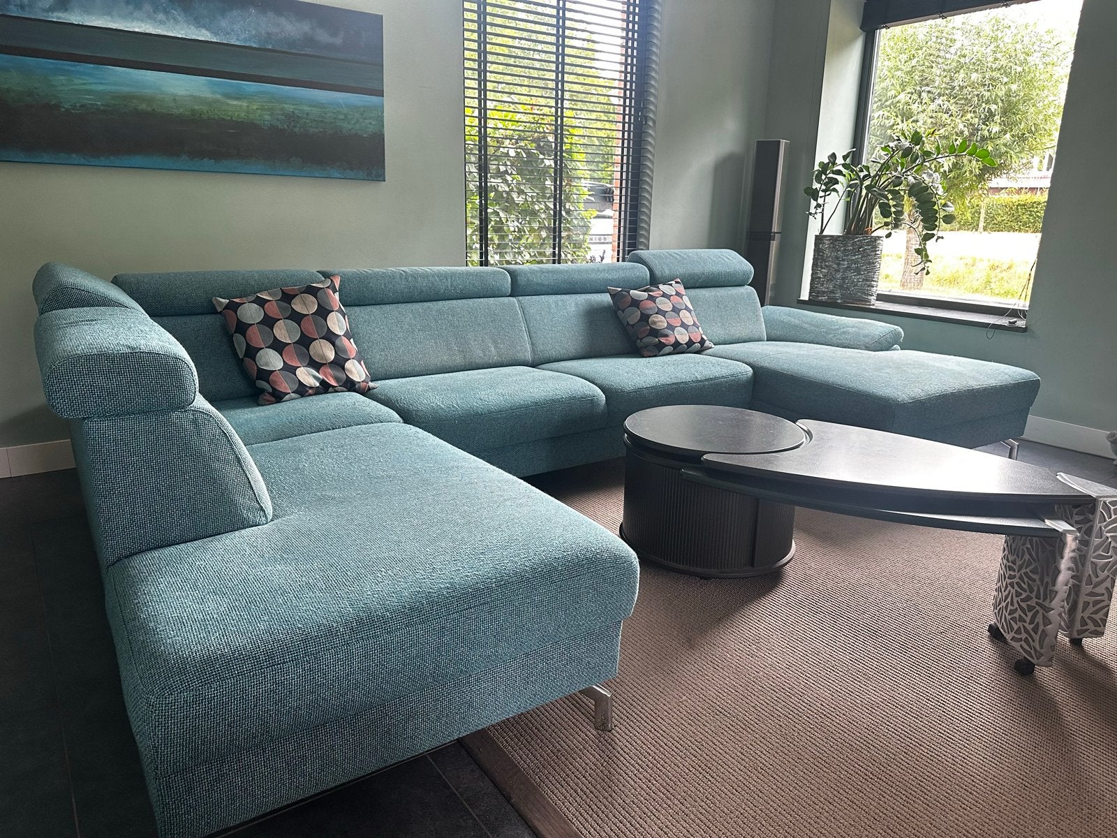 Montèl hoekbank aqua – 6/7 zits – diepe zit – €850, Huis en Inrichting, Ophalen, Gebruikt, Minder dan 75 cm, Hoekbank