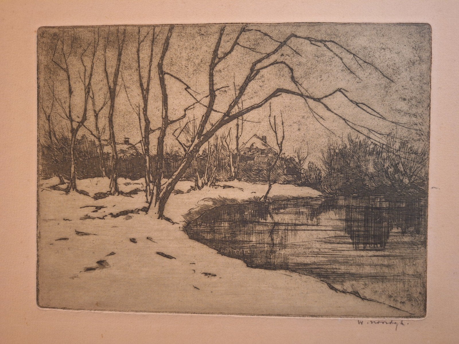 Ets Winterlandschap door Willem Noordijk, Ets, Ophalen of Verzenden, Landschap, Origineel