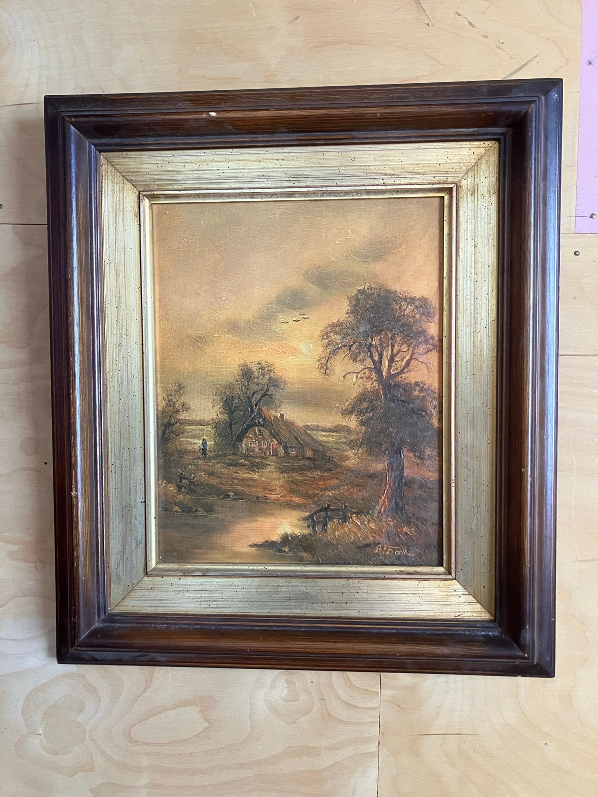 Schilderij A. Franke - Landschap met boerderij en water, Doek, Ophalen of Verzenden, Gesigneerd, Landschap